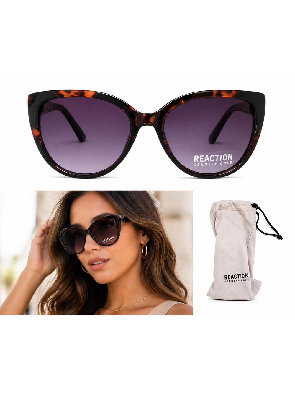 NWT Kenneth Cole Reaction Cat Eye Sunglasses Brown Tortoise Gradient Lens w/ Pou